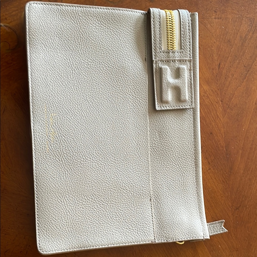 India Hicks Dove Gray Leather Clutch with Gold Zipper
